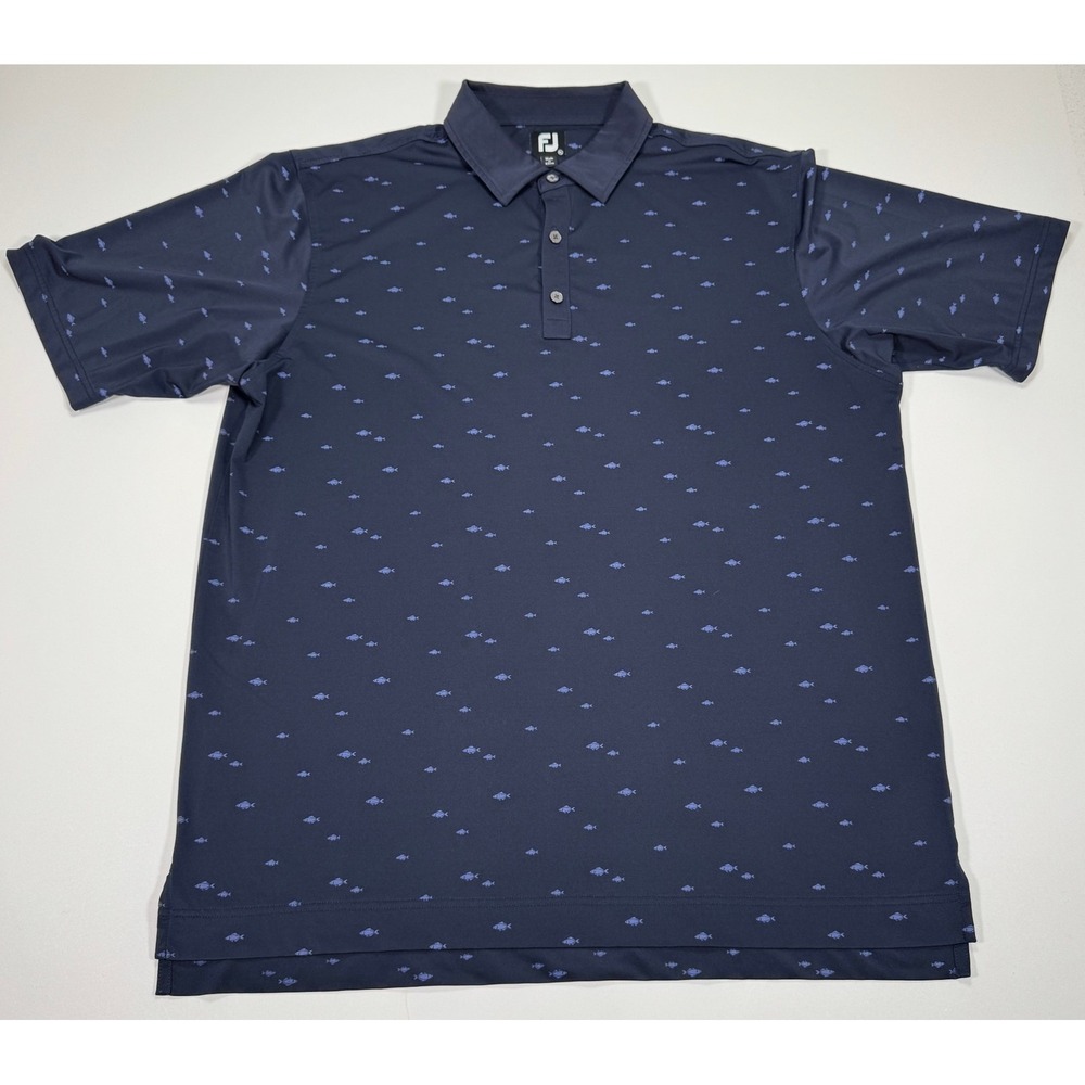 FootJoy Mens XL Navy Blue Fish Print Golf Polo Shirt Performance Stretch